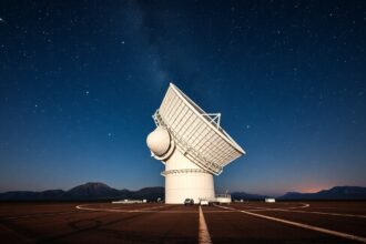 A Gran Telescopio Canarias éjjeli égbolt alatt, csillagokkal körülvéve.
