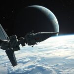 Űrszonda bolygó körüli pályán, gravitációs manőverezés közben.