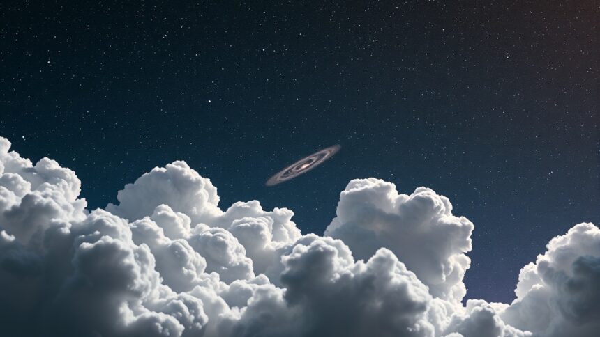 Galaxis a felhők felett, csillagos éjszakai égbolttal