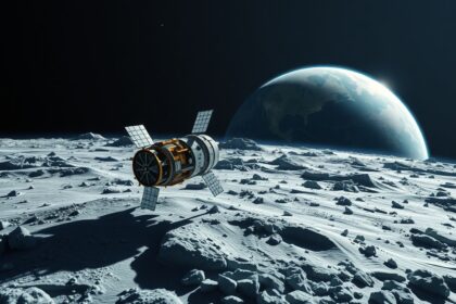 Hajabusza2 űrszonda a Hold felszínén, Föld háttérrel