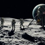 Űrhajósok a Hold felszínén, a Föld háttérben, Apollo-program