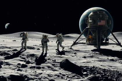Űrhajósok a Hold felszínén, a Föld háttérben, Apollo-program