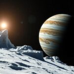 A Jupiter bolygó és a hóval borított hold felszíne az űrben.