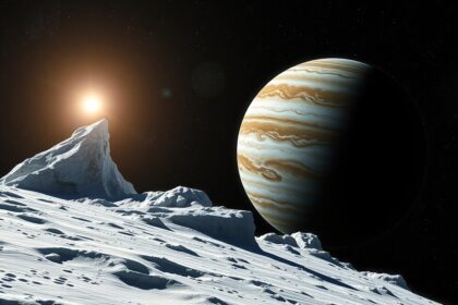 A Jupiter bolygó és a hóval borított hold felszíne az űrben.