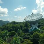 Arecibo Obszervatórium a zöld növényzet között, Puerto Rico