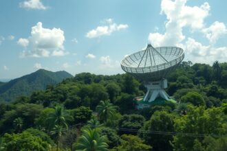 Arecibo Obszervatórium a zöld növényzet között, Puerto Rico