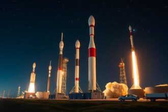 Ariane rakéták indítása éjjel a csillagok alatt