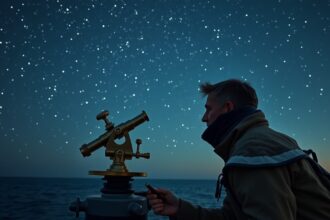 Férfi asztronavigáció közben csillagokat figyel egy tengeren.