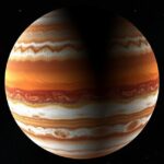 A Jupiter bolygó látványa, a sávos atmoszférájával és árnyékos oldalával.