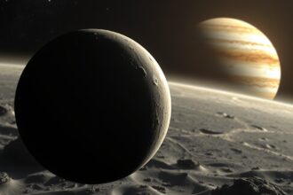 Autonoe, a Jupiter holdja a bolygó háttérben
