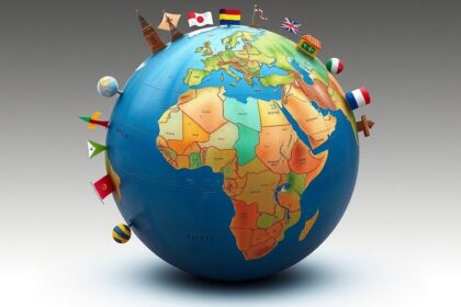 Földgömb különböző országok zászlóival és látnivalóival