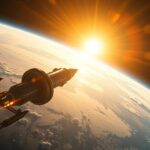 Űrhajó a Föld felett napfelkeltekor.