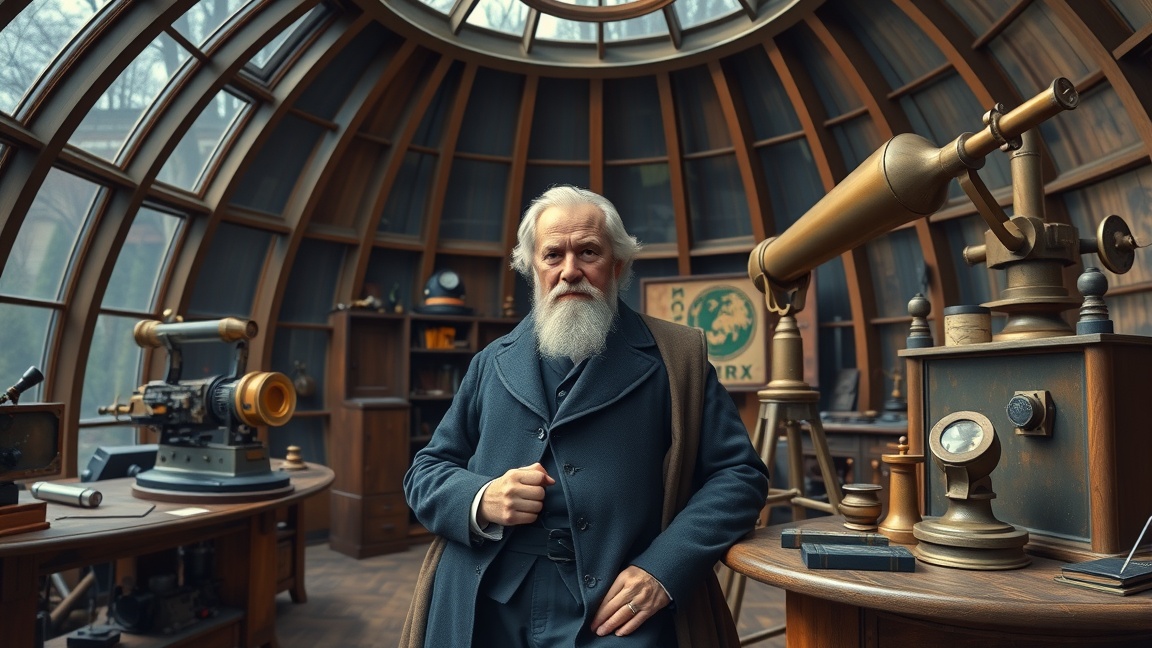 Friedrich Wilhelm Bessel asztrofizikai műhelyében, távcsövekkel és műszerekkel.
