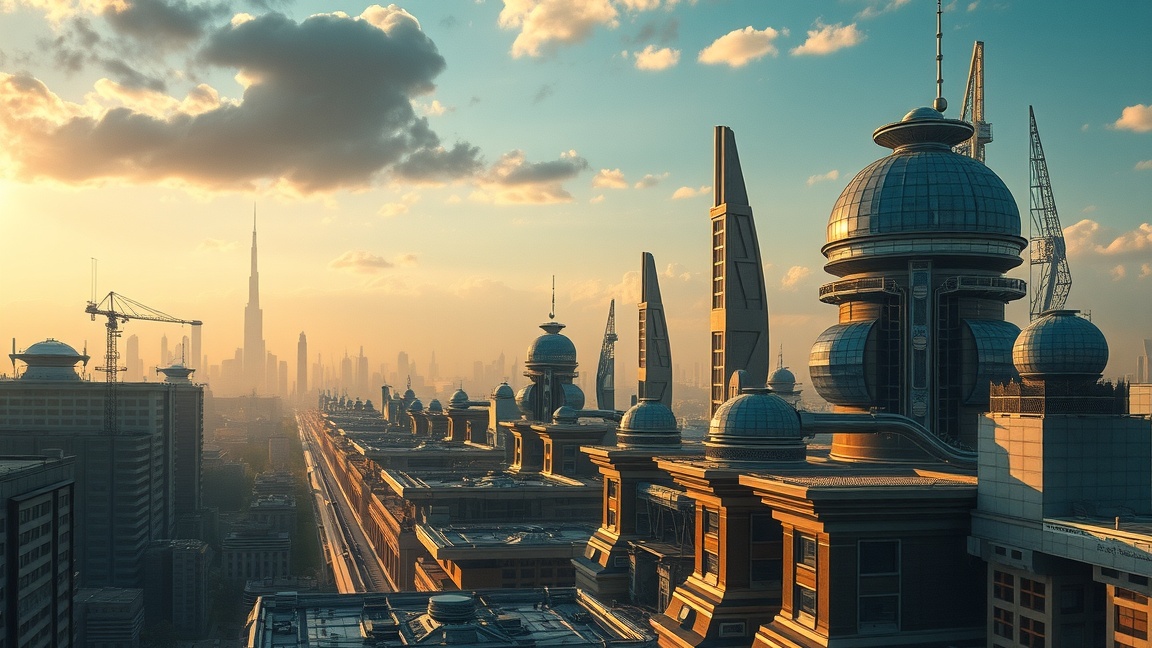 Futuristic city skyline with innovative architecture and construction.