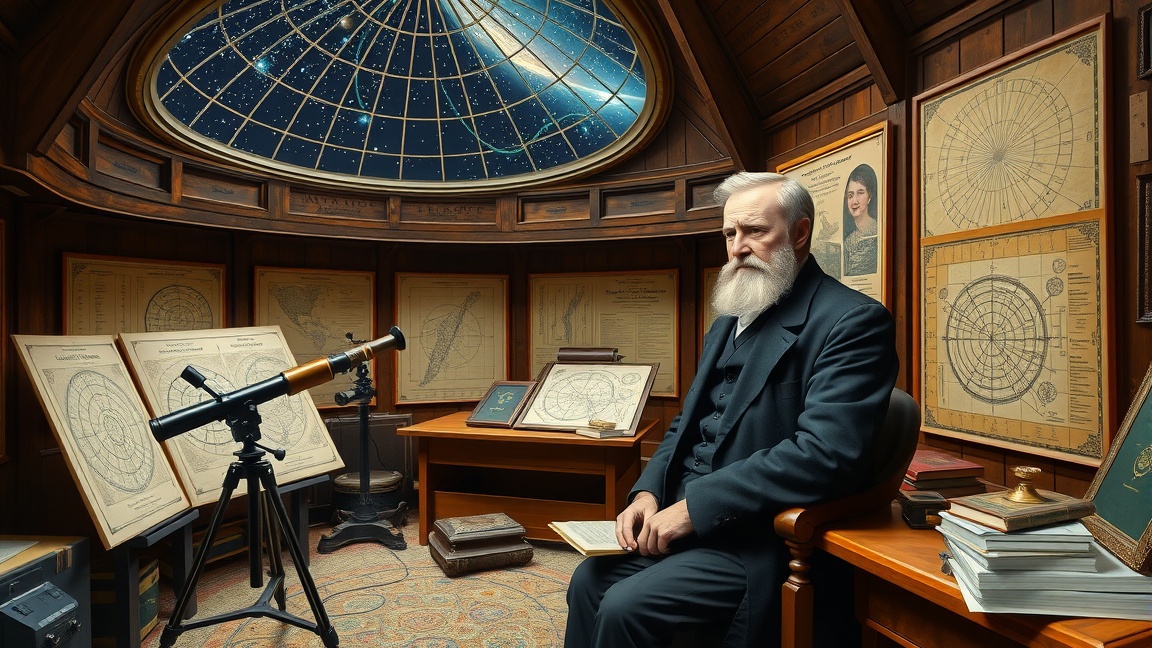 Johann Franz Encke, csillagász az obszervatóriumban, teleszkóppal.