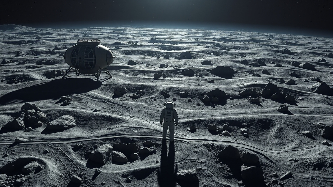 Űrhajós áll a Hold felszínén, Prometheus űrhajó a háttérben.