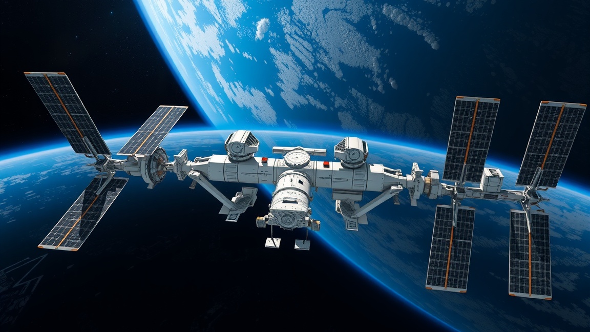 Nemzetközi Űrállomás a Föld fölött, napenergia-panelekkel.
