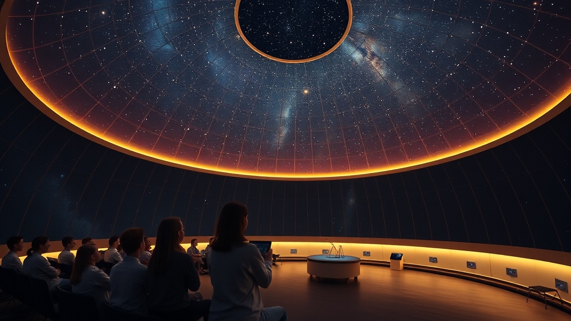 Planetárium belső nézet, csillagokkal teli boltozattal, látogatók ülnek.