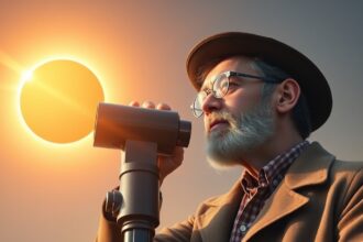 Idős férfi távcsővel nézi a napfogyatkozást.