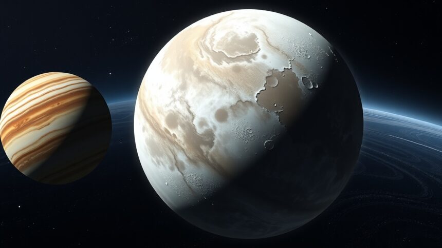 Jupiter és Kalyke hold látképe az űrben