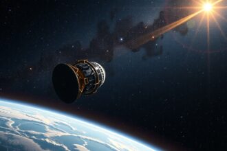 A Kepler űrtávcső az űrben, a Föld fölött, csillagokkal körülvéve.