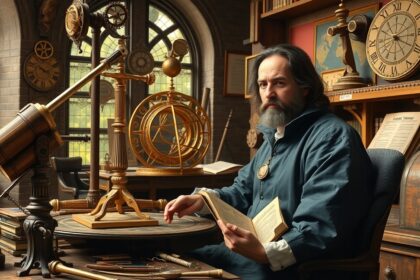 Nikolausz Kopernikusz csillagászati eszközökkel körülvéve