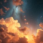 Kozmikus por és univerzális égbolt, csillagokkal és felhőkkel.