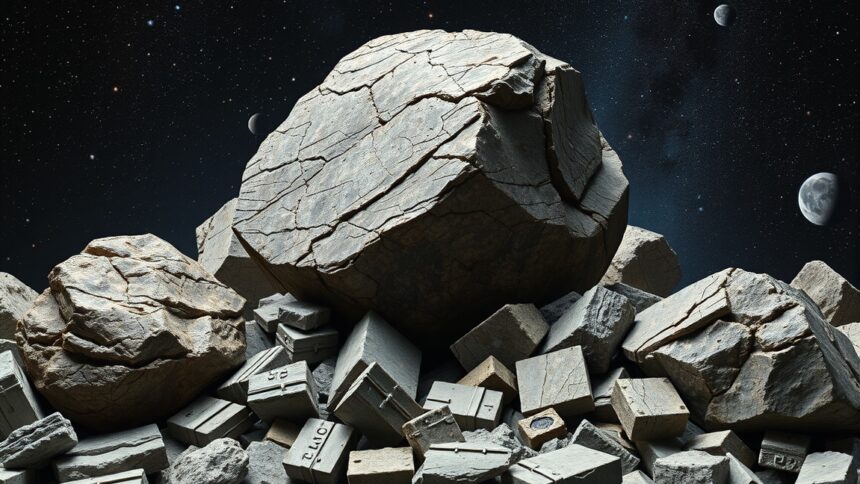 Különböző meteoritok és kőzetek az űr sötét háttérrel
