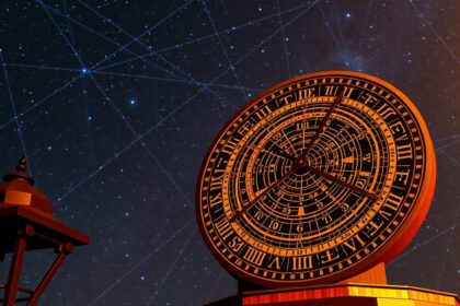 Csillagászati óra a csillagok között, éjszakai égbolt alatt.