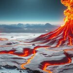 Kriovulkán aktivitása fagyott tájon, lávafolyamokkal.