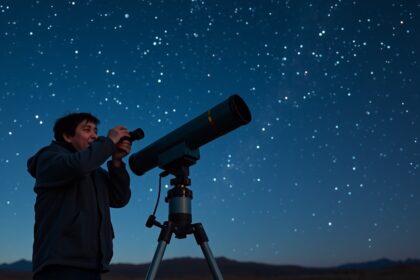 Csillagász távcsővel vizsgálja a csillagokat egy éjszakai égbolt alatt.