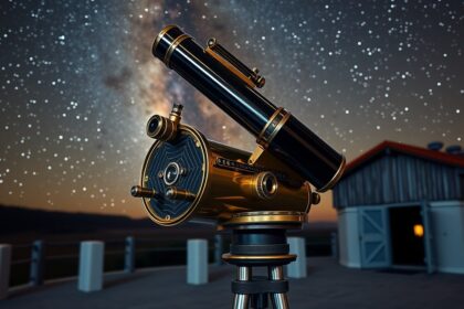 Lencsés távcső a csillagos égbolt alatt, csillagászat témában.