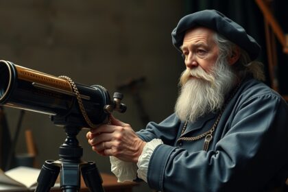 Hans Lippershey, a 17th-century optician, observing through a telescope.