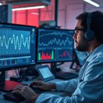 Adat elemző férfi a számítógépnél, grafikonokat néz.