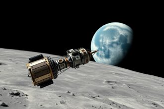 Lunar Orbiter űrszonda a Hold felszíne felett, háttérben a Földdel.