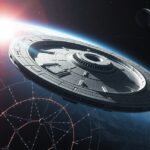 Mesterséges bolygó űrben, napfényben, technológiai megoldásokkal.