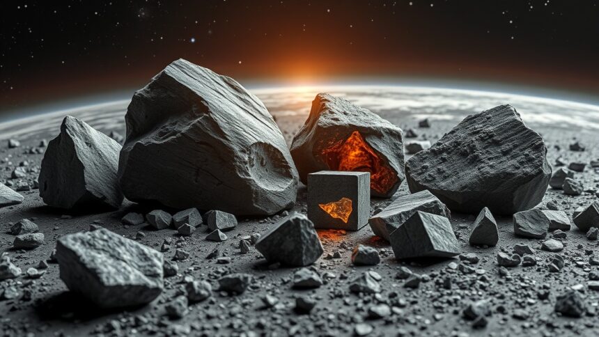 Meteoritok különböző típusai és összetétele a világűrben.