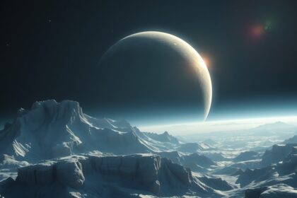 Uránusz holdjának látképe, sziklás tájjal és naplementével.