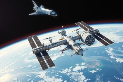 A Mir űrállomás az űrben egy űrhajóval a föld felett