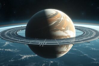 Műbolygó koncepciója gyönyörű űrben, gyűrűs bolygóval.