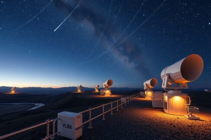 VLBI rádiótávcső park az éjszakai égbolt alatt
