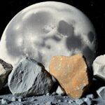 Holdkőzetek a Hold felszínén a telihold háttérében