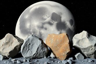 Holdkőzetek a Hold felszínén a telihold háttérében