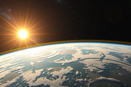 A Nap látható az űrből, a Föld felszíne és felhői mögött.