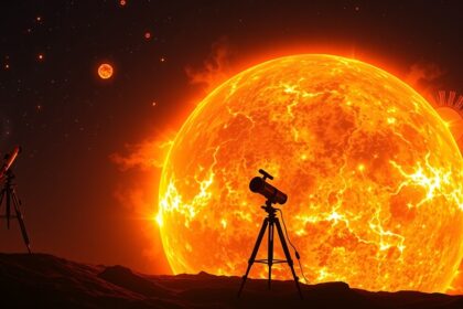 Csillagász napfoltokat tanulmányozva teleszkóppal a Nap rendszerénél.