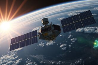 Napszinkron pályán keringő műhold a Föld felett napfénnyel megvilágítva.