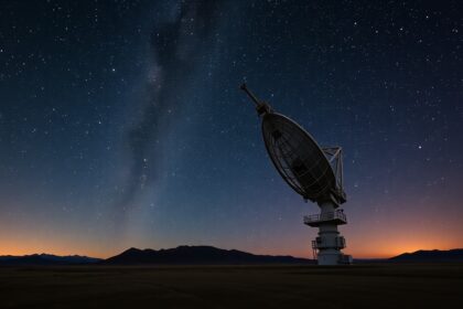 Rádióteleszkóp az éjszakai égbolton, csillagokkal és galaxisokkal