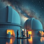 Modern csillagvizsgálók a Tejút alatt, míg tudósok dolgoznak.