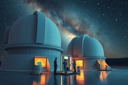 Modern csillagvizsgálók a Tejút alatt, míg tudósok dolgoznak.