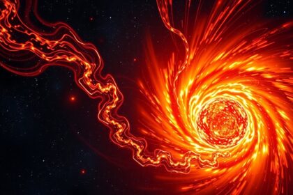 Egy neutroncsillag és a körülötte lévő forró plasmaszálak illusztrációja.